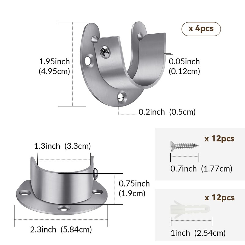 4 Packs Stainless Steel Wardrobe Bracket U-Shaped Rod Socket Flange