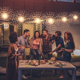 4 Pcs 800LED Solar Starburst Sphere Lights,Firework Light Remote Control Timer 8 Modes Dimmable Waterproof Hanging Fairy Lights, Sparkly Light for Patio Garden Tent Outdoor(Warm White)