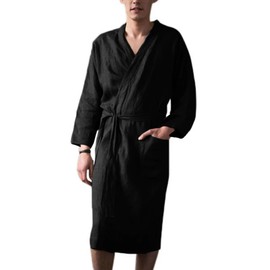 Mens Linen Cotton Robe Shawl Long Sleeve Kimono Spa Bath Robe Soft Bathrobe Pajamas Sleepwear, Black, Large