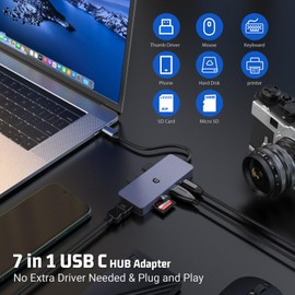 Tiergrade 7 in 1 USB C Hub, Multiport USB C Adapter with 4K HDMI, 100W PD Charging, 3 USB-A 3.0, SD&TF Card Reader for Type-C Laptop and More