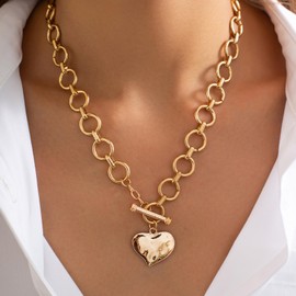 Frodete Chunky Gold Necklace for Women Trendy Heart Necklace Vintage Heavy Metal Thick Chain Necklace Gold Cuban Link Chain Statement Necklace Concert Outfits for Women
