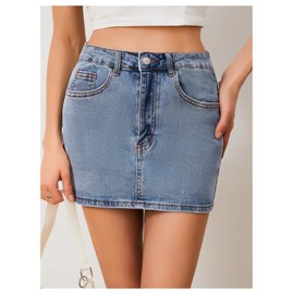 MakeMeChic Women's Denim Skirt High Waist Bow Pocket Bodycon Y2K Mini Jean Skirts Light Wash X-Small