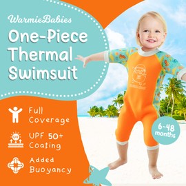 Warmiebabes Baby and Toddler Wetsuit, Thermal Swimsuit Made with UPF50+ Neoprene, Quick-Dry Rash Guard, Pumpkin Orange, Dino