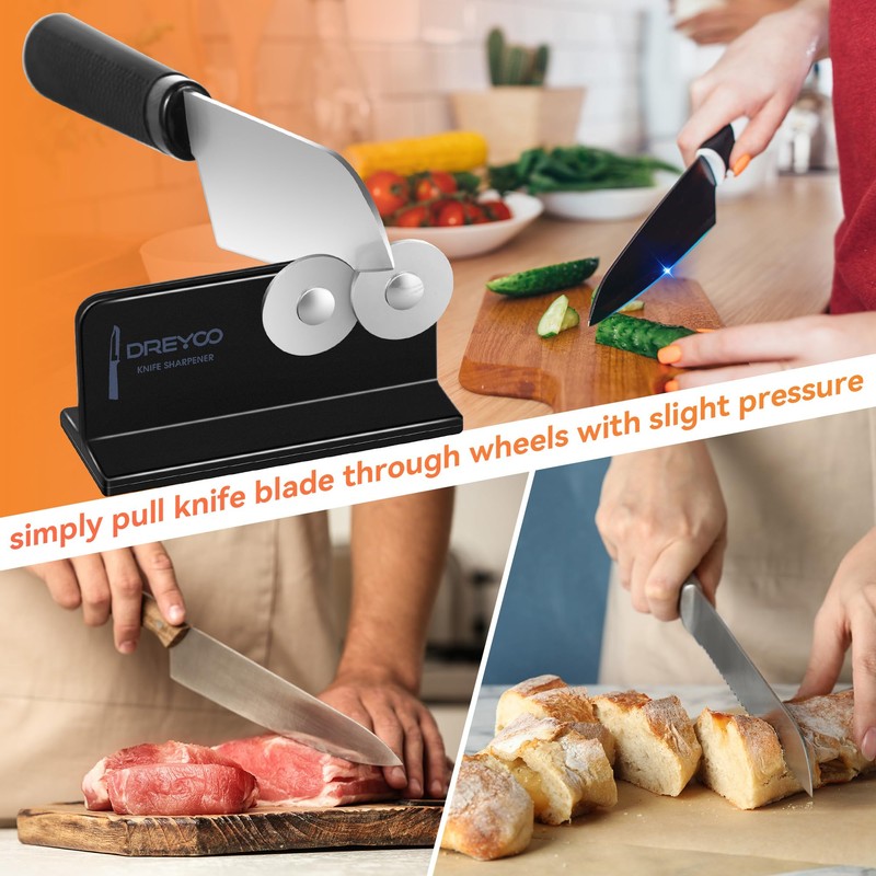 Dreyoo Cutlery Pointed Edge Knife Sharpener, Double Sided Stainless Steel