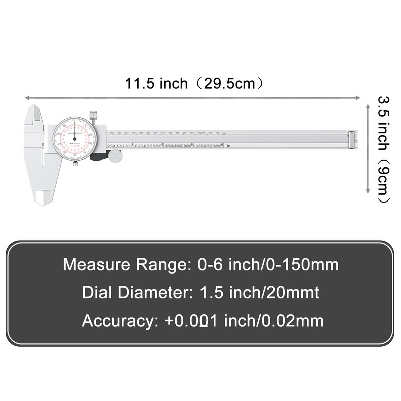 HDLNKAK Dial Caliper 0-6"/150mm Dual Reading Scale, Inch/Metric SAE Standard,