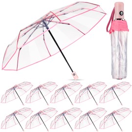 Sanwuta 12 Pcs Transparent Folding Umbrella Full Automatic Clear Foldable Auto Open Close Umbrellas for Rain Wedding(Pink)