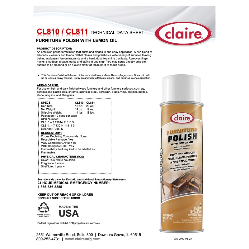 Claire CL811-12pk Furniture Polish with Lemon Oil, Orange, 19 Oz,