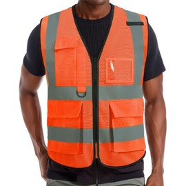 IDOU High Visibility Orange Reflective Safety Vest - Breathable Work Vest with 5 Pockets & Zipper, Comfort Fit for Construction, Night Shifts, Outdoor Use L