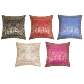 RAJRANG BRINGING RAJASTHAN TO YOU Silk Pillowcases 16 x 16 Inch Indian Ethnic Bohemian Pillow Home Decor Kantha Elephant Decorative Cases of 5