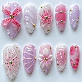 30Pcs Handmade Press on Nails Medium Almond Fake Nails with Gold Bead Designs 3D Flower Glue on Nail Pink Purple Full Cover Acrylic False Nail Spring Summer Stick on Nails for Women Manicure Decor