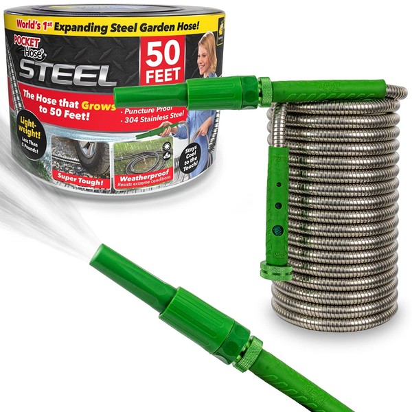 Pocket Hose Amazing EXPANDABLE Steel 50 Ft Garden Hose, AS-SEEN-ON-TV, Kink-Free & Puncture-Proof, Lightweight, Corrosion-Resistant 304 Stainless Steel, Super-Tough, Weatherproof, Super-Flexible