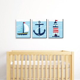 Big Dot of Happiness Lighthouse, Sailboat and Anchor - Boy Nursery Wall Art and Nautical Kids Room Decor - 7.5 x 10 inches - Set of 3 Prints