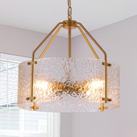 Blhxian Glass Drum Gold Chandelier for Dining Room 18'' Entryway Light Fixture 4-Light Kitchen Chandeliers Over Table Bedroom Light Fixture for Living Room Hallway Foyer Kitchen