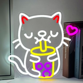 Cat Boba Tea Neon Sign for Wall Decor Dimmable Bubble Tea Neon Sign Cute Cat Led Neon Light for Milk Tea Shop Dimsum Store Cafe Bar Kitchen Restaurant Kids Bedroom Decoration Gift