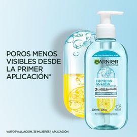 Garnier Express Aclara Gel Limpiador Facial, Anti Imperfecciones, con Ácido Salicílico 2%, Vitamina C y Niacinamida, para Piel Grasa y/o con Tendencia al Acné, 200 ml