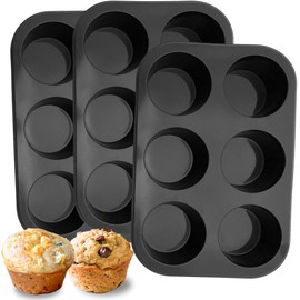 Dropower 6 Cups Silicone Muffin Pan Nonstick Cupcake Pan Muffin Tin Food Grade Silicone Baking Mold Muffin Tray for Egg Maffins, Brownie Black 3 Pack