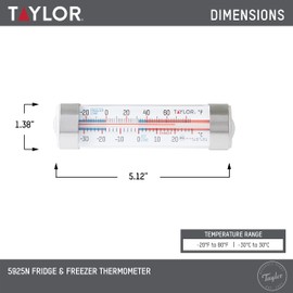 Taylor Large Tube Analog Refrigerator and Freezer Kitchen Thermometer with Suction Cups, Temperature Monitor for Fridge or Freezer, Easy to Read