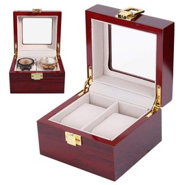 Watch Display Box Case, 2 Slot Wooden Watch Storage Box Display Jewelry Wristwatch Organizer Watch Gift Box for Men and Women(Red)