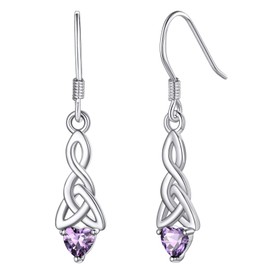 Silvora February Birthstone Earrings Sterling Silver Celtic Knot Drop Earring Old School Irish Dangly Jewellery with Heart Charm Friendly to Sensitive Ears