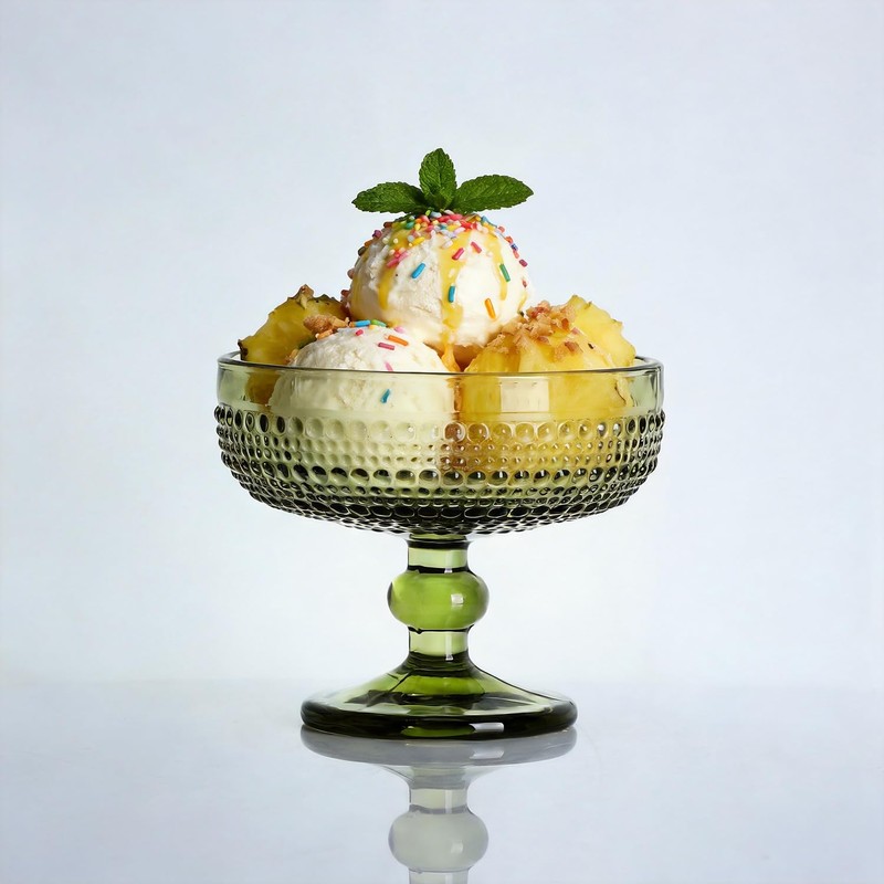 WAIT FLY Vintage Embossed Beads Glass Dessert Bowl Footed Trifle