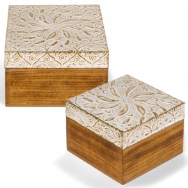 MIJOMA Wooden Jewellery Box Set of 2 - Vintage Mango Wood Storage Box with Gold Ornament Lid - Decorative Wooden Box for Jewellery, Memories & Small Treasures