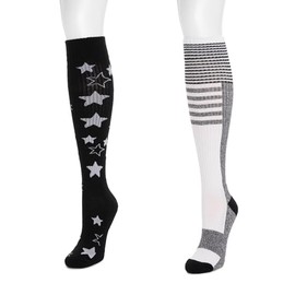 MUK LUKS Women's 2 Pack Cotton Compression Knee High Socks, Wide Width, Ebony, 6-10W