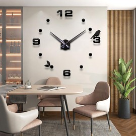 DIY 3D Wall Clock Large Frameless Watch Mirror Surface Wall Art Clock for Living Room Bedroom Office Hotel Wall Decoration (DIYL015-Black)