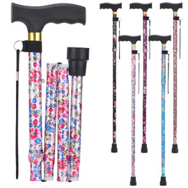 PARLORA Walking Cane for Women and Men, Collapsible, Lightweight, Sleek, Foldable Folding Cane | Walking Sticks for Seniors & Adults with Comfortable T-Handle [Red Flower]