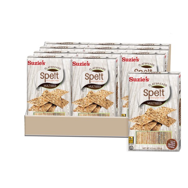 Suzie's, Spelt Multi-seed Flatbreads (Pack of 12) | Low-Fat Bread Cracker | Healthy Snack Option | 4.5 oz each