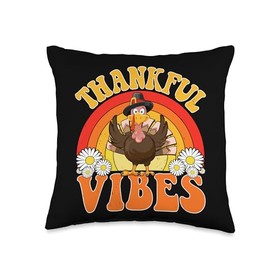 Thankful Vibes Turkey Thanksgiving Costume Thankful Vibes Turkey Rainbow Cute Fall Retro Thanksgiving Throw Pillow, 16x16, Multicolor