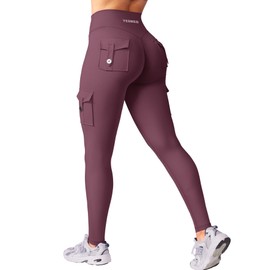 YEOREO CoreFlex Gym Workout Cargo Leggings with Pockets for Women Hidden Scrunch Butt Lifting Yoga Pants Black Cherry S