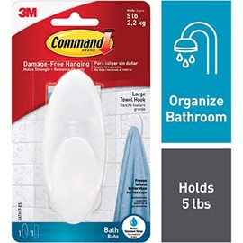 Command Large Towel Hook, Holds up to 5 lb, 1 Bath Hook with 1 Water-Resistant Strip, Damage Free Bathroom Organization for Robes, Towels, Loofahs, or Bathroom Accessories
