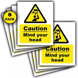 8-Pack Caution Mind your head Sticker Signs - Waterproof Vinyl 110mm x 90mm Sticker Sign