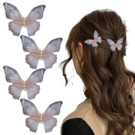 MBAIYO 4 Pcs Boho Pearl Butterfly Hair Barrette, Tulle Butterfly Hair Clip 3D Moving Wings Barrette Strong Hold Fairy Hairpin Accessories Elegant Accessory for Women