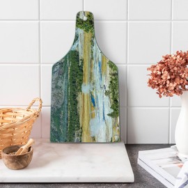 Lunarable Yellowstone Cutting Board, Steam Rising from Various Geysers in the Upper Geyser Basin Pine Tree Forest, Decorative Tempered Glass Cutting and Serving Board, Wine Bottle Shape, Multicolor