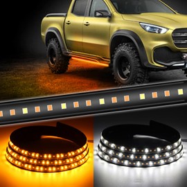 Truck Running Board Lights, Amber Turn Signal Lights Sequential Side Maker Lighting Kits, 2PCs 48 Inch White Courtesy Flexible Step Strip Lights for Extended Crew Cab Trucks Pickup (48")