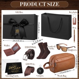 Geyoga 12 Pcs Men Birthdays Gift Set with Box for Men Dad Basket PU Leather Wallet Leather Toiletry Bag Tie Socks Belt Keychain Sunglasses Pen Compass Set for Father's Day(Brown)