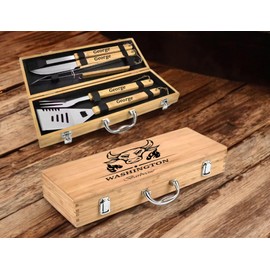Engraved BBQ Set for Men – Custom Grill Tools in Wood Box – Gift for Husband, Dad, or Grill Master – Father’s Day Idea