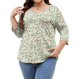 TFSDOD V Neck Long Sleeve Shirts for Women Plus Size Ladies Tops Womens Tshirts Cotton Comfy Green White Floral 3XL