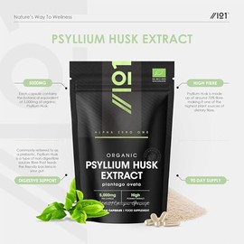 Organic Fibre Supplement 5000mg Psyllium Husk - Natural Prebiotic Fibre Supplement from Raw Plantago Ovata Seeds - 90 Vegan Capsules - Resealable and Recyclable Pouch by Alpha01