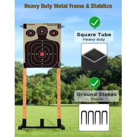 Koutemie Outdoor Shooting Target Stand with 10pcs 17x25 Inch Paper Targets, Heavy Duty Range Target Holder with Adjustable Base for Cardboard Silhouette, H Shape, Black