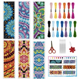 INFUNLY 6PCS Mandala Cross Stitch Bookmark Kits 8''x2.4'' Floral Fabric Bookmark Making Kit DIY Stamped Embroidery Bookmarks for Beginners with Instruction for Book Lovers Reader Writers Gift