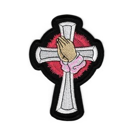 Patchwork Paradise Praying Hands with Cross Embroidered Iron-On Patch – Faith & Prayer Badge