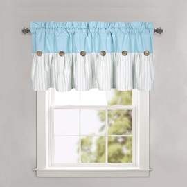 DOSLY IDÉES Farmhouse Rustic Teal Blue Cotton Blend Valance, Striped Pleated Design with Coconut Buttons, Multi-Room Window Treatment for Kitchen, Living Room, Bedroom, 52" W x 18" L