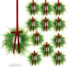 XunYee 12 Pack 11" Small Greenery Christmas Wreath with Velvet Bow Artificial Fern Green Wreaths Persian Grass Hanging for Christmas Front Door Home Window Fireplace Chair Indoor Outdoor Fence Decor