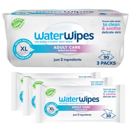 WaterWipes Adult Care Sensitive Body & Intimate Hygiene Wipes, 99.9% Water, 3-In-1 Cleans, Cares, Protects, Unscented & Hypoallergenic, 90 Wipes (Pack of 3), Packaging May Vary