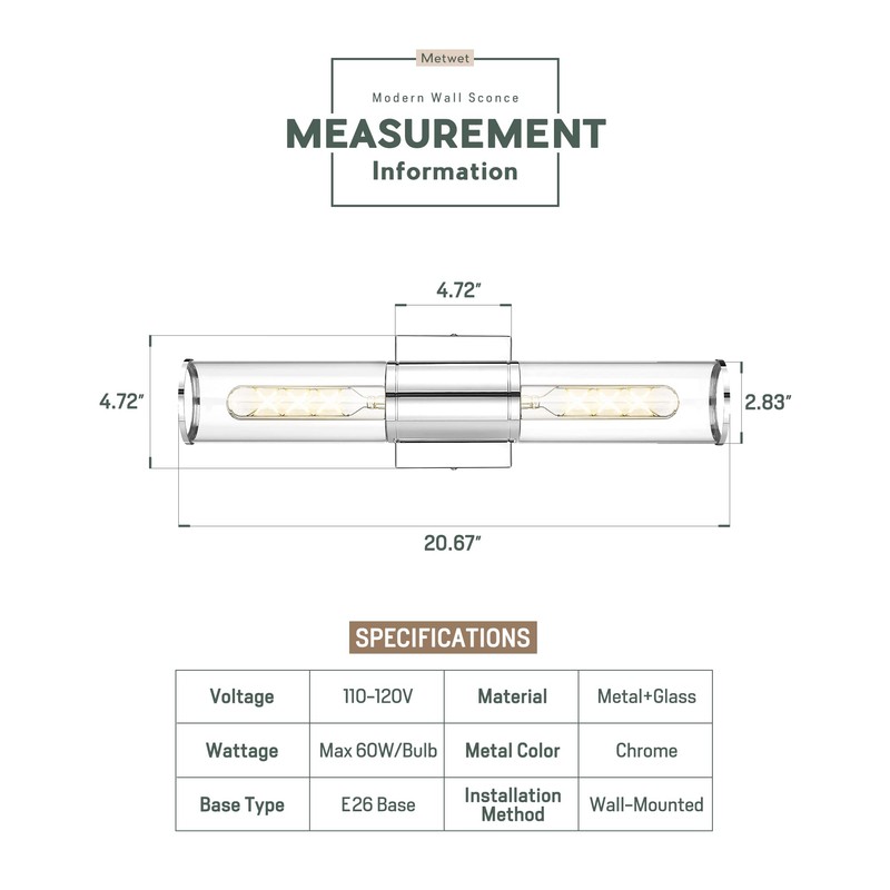 METWET Bathroom Vanity Light Fixtures, Chrome Wall Lights in Clear