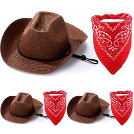 Unittype Cowboy Hats Set of 3 with Red Bandanas - Classic Western Cowboy Party Hat Accessories(Brown)