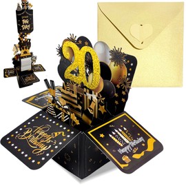 Black Gold Pop Up 20th Birthday Card for Girls Boys Him Her 20 Years Birthday Gifts,Kids 20th Birthday 3D Pop-Up Greeting Card with Note and Envelope for Daughter Son Sister Brother Friend Partner