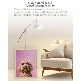iHery Natural OAK Wood Pink Goldendoodle Dog Framed Wall Art, 12x16 in Funky Preppy Heart-Shaped Glasses Canvas Wall Art Decor For Bedroom, Cute Dog Prints Apartment Bathroom Living Room Set of 1